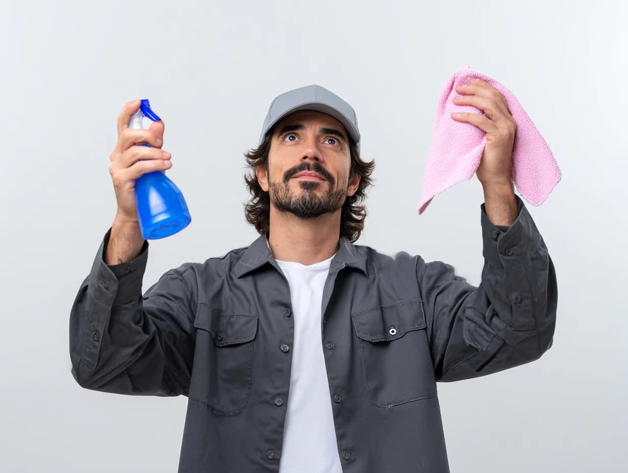Professional cleaner with spray bottle and cloth